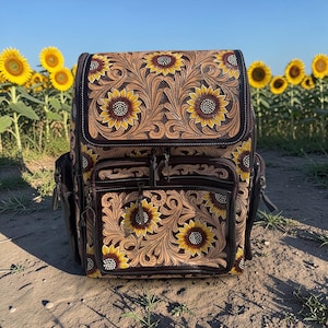 Leather Sunflower Backpack - Etsy display picture 1