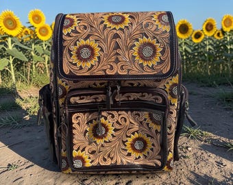 Mochila vaquera Sunflower totalmente elaborada, de cuero genuino, para pañales, equipaje de mano, de Double B Wild Rags.