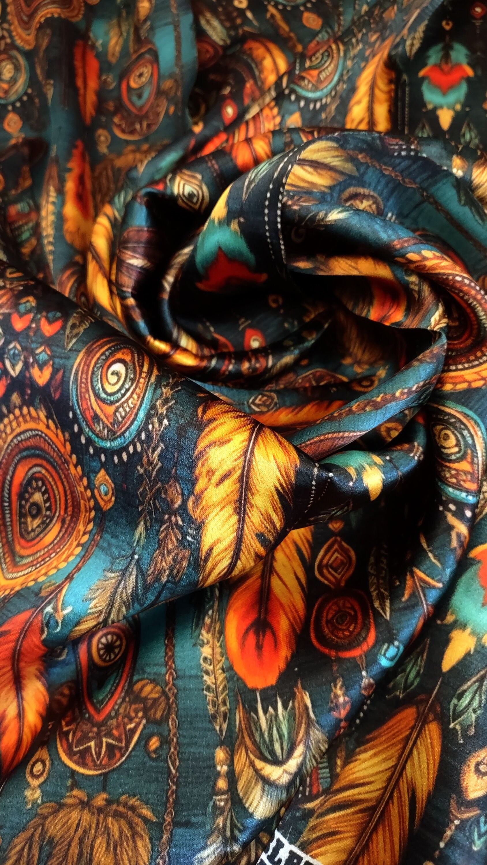 Wild Rag 100% SILK Teal and Orange Native Boho Feathers Neck Scarf ...