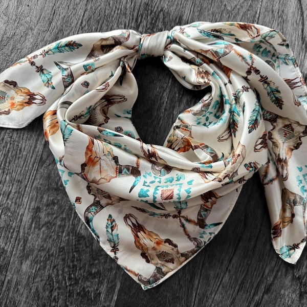 100% Silk Wild Rag Cow Skull and Turquoise by Double B Wild Rags Cowboy Western Scarf