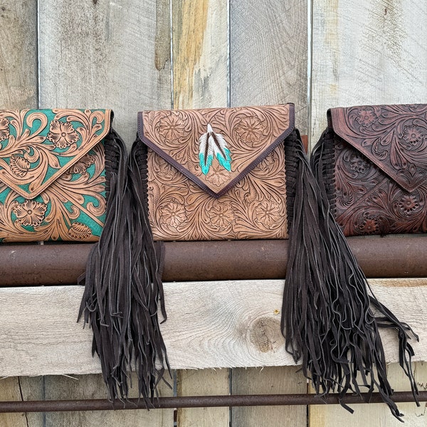 Genuine Western Cowgirl Leather Purse with Tooled floral or feather details by Double B Wild Rags