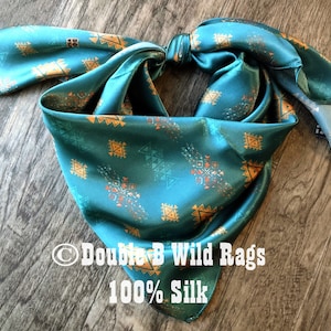 Wild Rag 100% Silk Teal and Bronze Aztec Cowboy Western Neck Scarf Bandanna by Double B Wild Rags