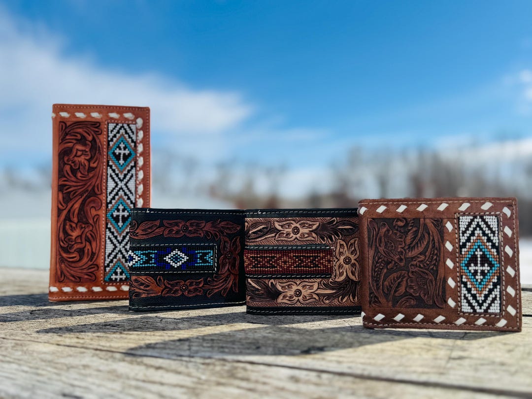 Men’s Western Bi-fold Cowboy Wallet Tooled Floral and Seed Bead Details ...