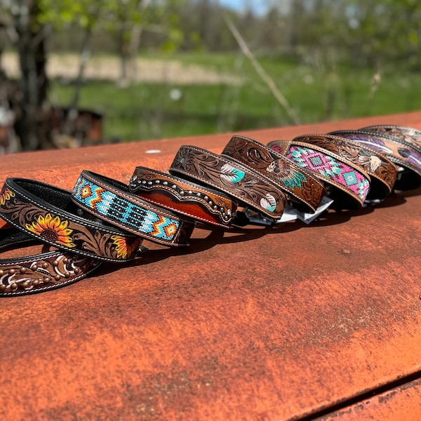 Western leather dog collar tooled or beaded details skull sunflower feather rhinestone by Double B Wild Rags