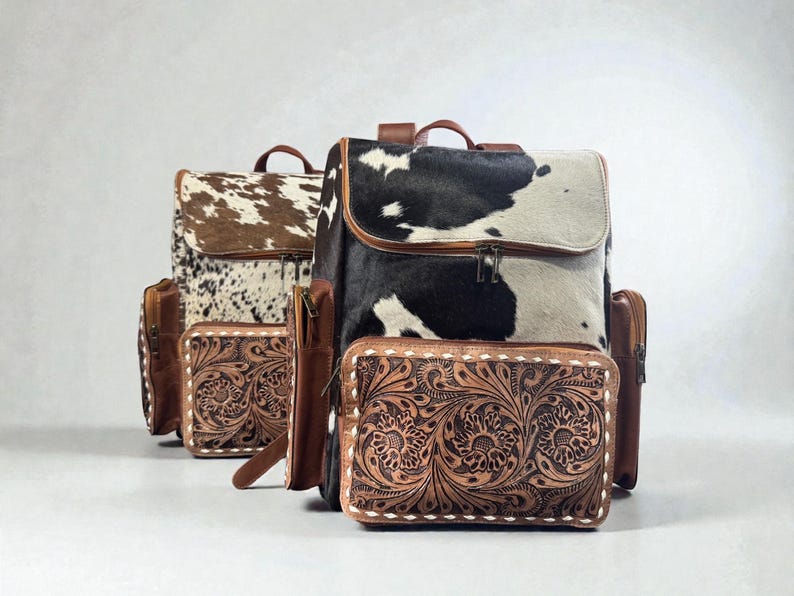 Genuine Western Cowhide Leather Backpack Diaper Bag Personal Item carry-on luggage by Double B Wild Rags image 6