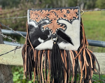 Black Genuine Western Cowhide Leather Purse with scalloped tooling brown and black fringe