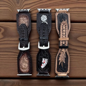 Men’s Western Tooled Leather Watch Band by Double B Wild Rags Fits 42mm 44mm 45mm