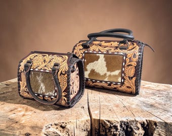 Genuine Western Leather Speedy Barrel Bag with Cowhide and Tooled details by Double B Wild Rags