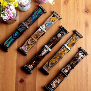 Western Tooled Leather Floral Watch Band by Double B Wild Rags Fits 42mm 44mm 45mm