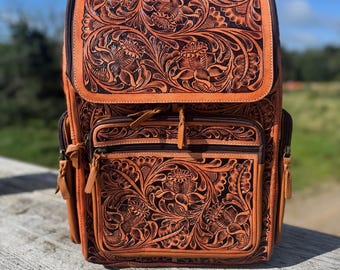 Fully Tooled Western Backpack Genuine Leather Diaper Bag Personal Item carry-on luggage by Double B Wild Rags