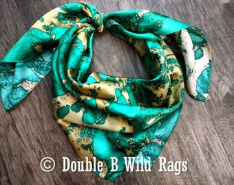 Wild Rag 100% zijde groenblauw groen en goud marmer bandana rand cowboy western neksjaal bandana van Double B Wild Rags