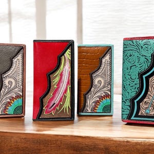 Colorful Western Cowboy Checkbook wallet tooled leather with painted painted details by Double B Wild Rags