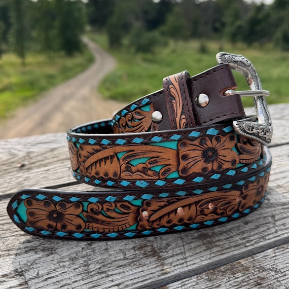Genuine Leather Western Concho Belt with Tooled Design Stetson Southwestern Tooled Concho Belt – Maverick Fine  main image 3