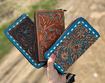 Western wallet zipper closure tooled floral leather turquoise details by Double B Wild Rags