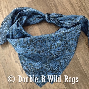Wild Rag 100% Silk Royal Blue Tooled Leather Cowboy Western Neck Scarf Bandanna by Double B Wild Rags