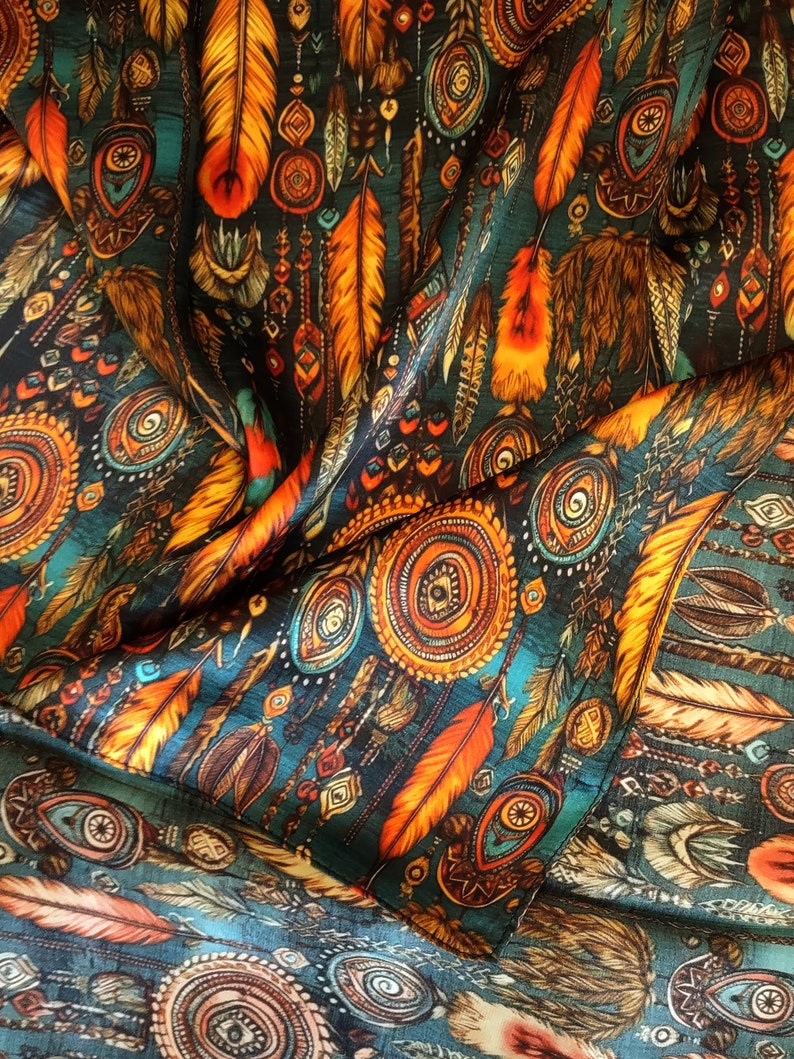 Wild Rag 100% SILK Teal and Orange Native Boho Feathers Neck Scarf ...