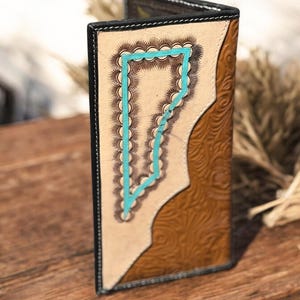 Western Cowboy Checkbook wallet tooled and embossed leather with painted turquoise by Double B Wild Rags