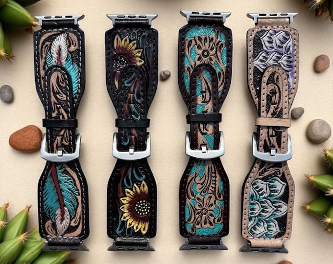 Western Tooled Leather Floral Watch Band by Double B Wild Rags Fits 42mm 44mm 45mm