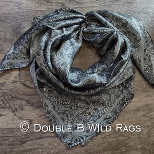 Wild Rag 100% SILK 815 Steel Grey Black Tooled Leather Cowboy Western Neck Scarf Bandanna by Double B Wild Rags