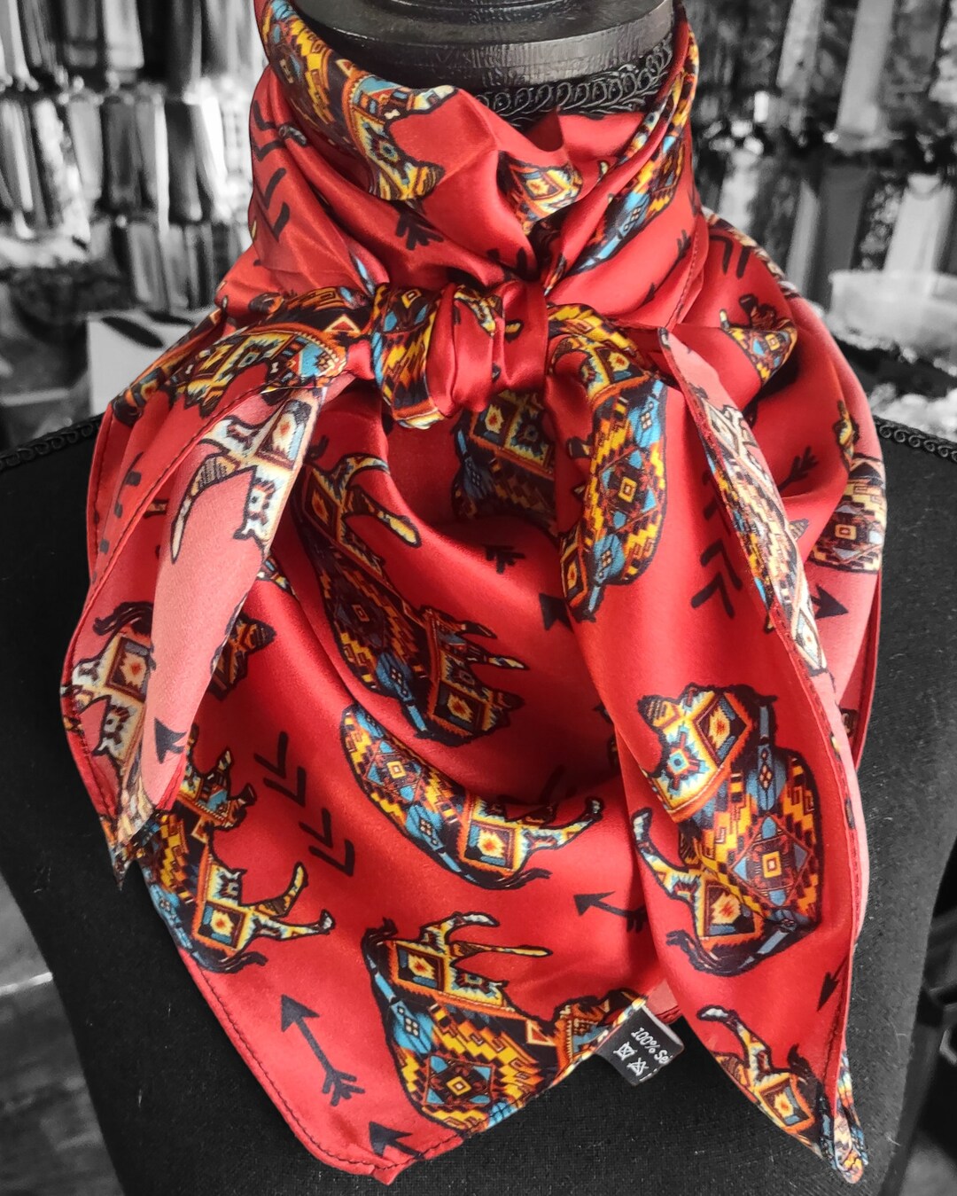 Red Piru Rag Silk Wild Rag Red Aztec Bison Buffalo and Arrows by Double B Wild Rags ...