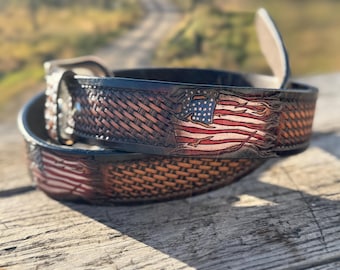 Ceinture western en cuir véritable avec drapeau américain par Double B Wild Rags