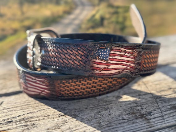 Genuine Leather Western Belt With Tooled American Flag  display picture 1