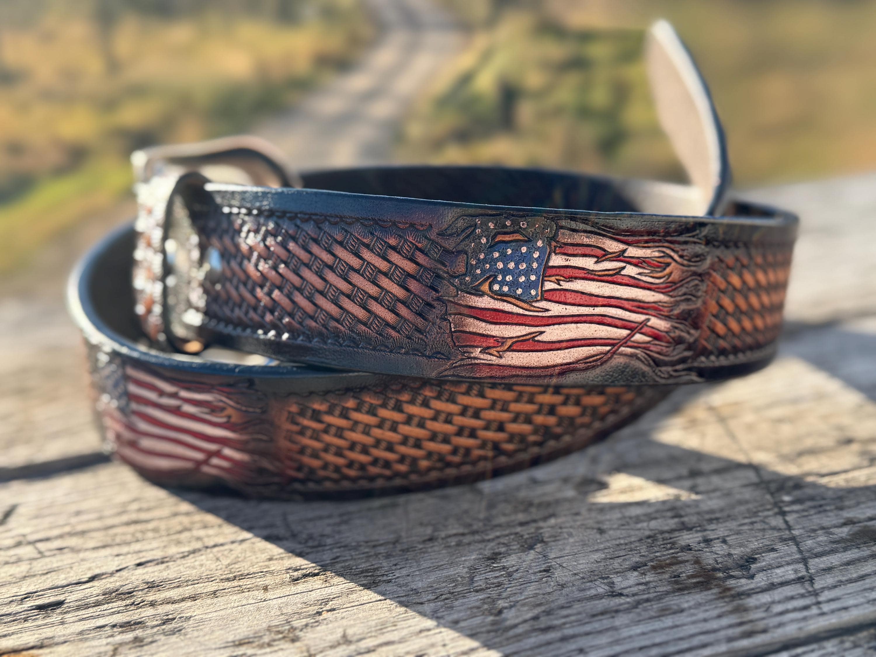 Roris Painted Beltz Hand Painted Black and Blue Leather Belt No Buckle 35\