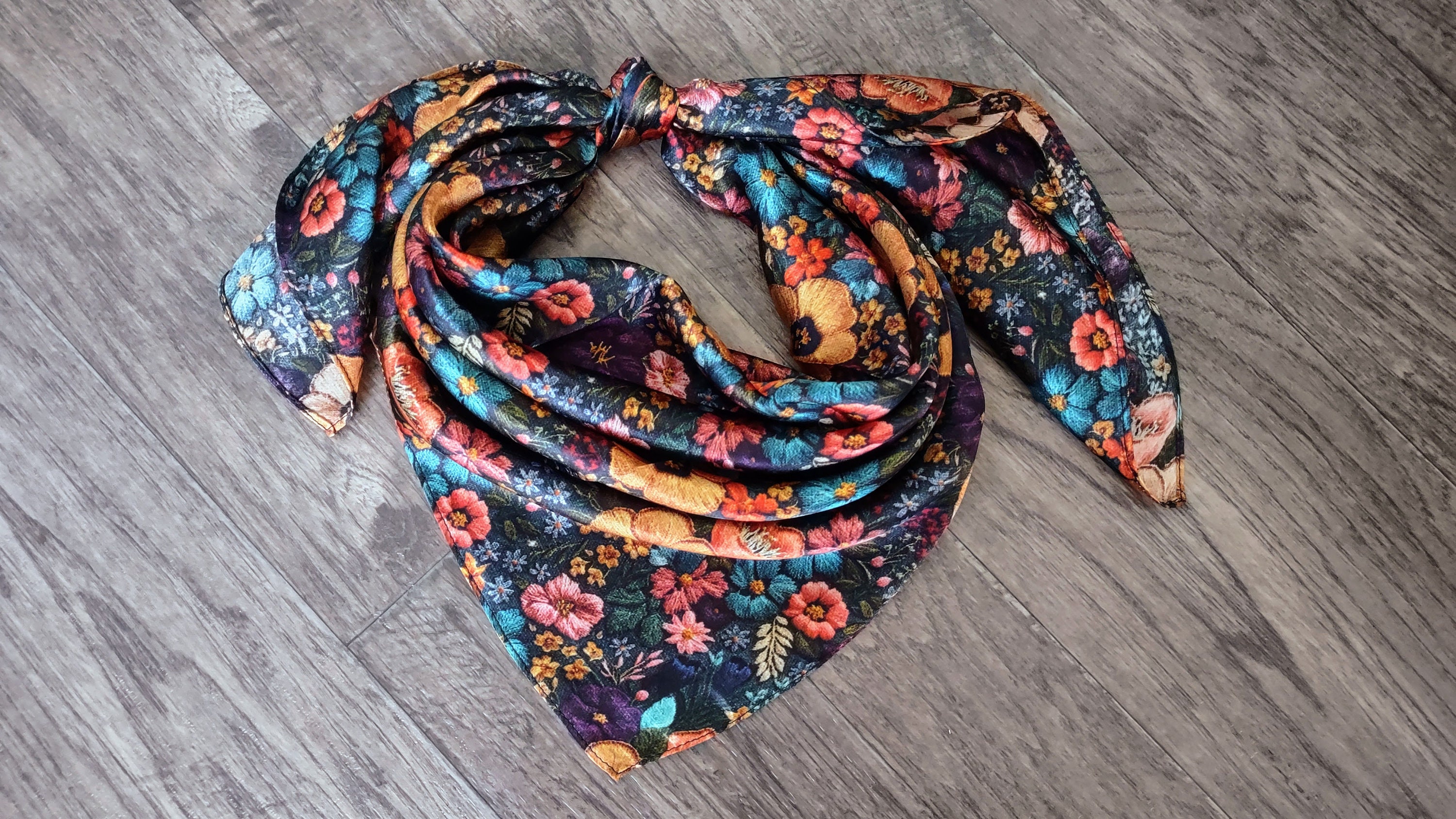 Wild Rag 100% SILK Dark Blue Green and Gold Embroidered print Western Neck Scarf Bandanna by Double B Wild Rags