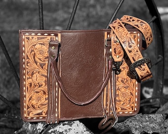Genuine Western Leather Brown laptop messenger briefcase bag with tooled and embossed leather  by Double B Wild Rags