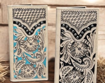 Western Cowboy Checkbook wallet tooled leather with rivet details by Double B Wild Rags