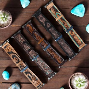 Leren Western Tooled Apple Watch-bandje van Double B Wild Rags, past op 42 mm 44 mm 45 mm