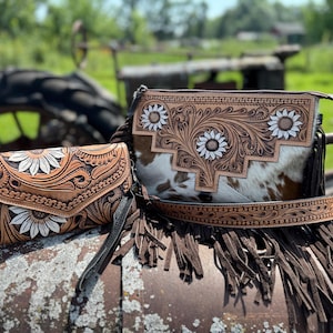 Genuine Western Cowhide Leather Purse and Clutch with white floral painted details a Double B Wild Rags Exclusive