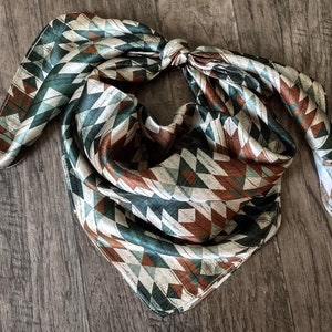 Wild Rag 100% SILK Green and Brown Distressed Aztec Cowboy Western Neck Scarf Bandanna by Double B Wild Rags