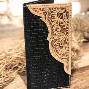Black and Tan Western Cowboy Checkbook wallet tooled and embossed leather by Double B Wild Rags