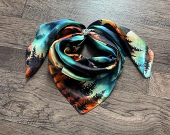 Chiffon sauvage de cow-boy en soie fait main : écharpe jacquard verte et bleue - France