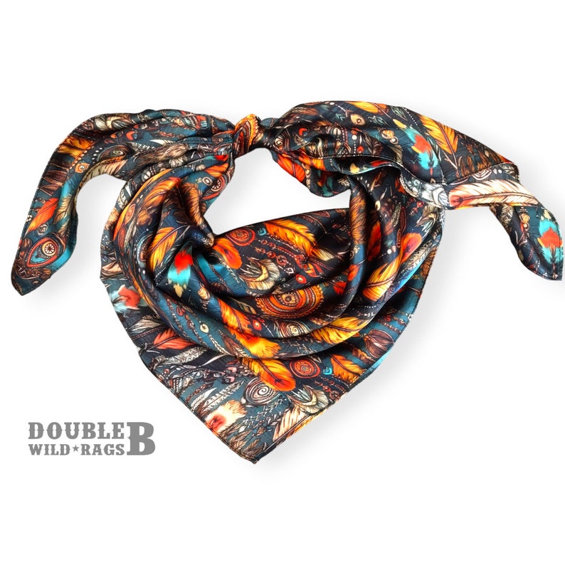 Wild Rag 100% SILK Teal and Orange Native Boho Feathers Neck Scarf ...