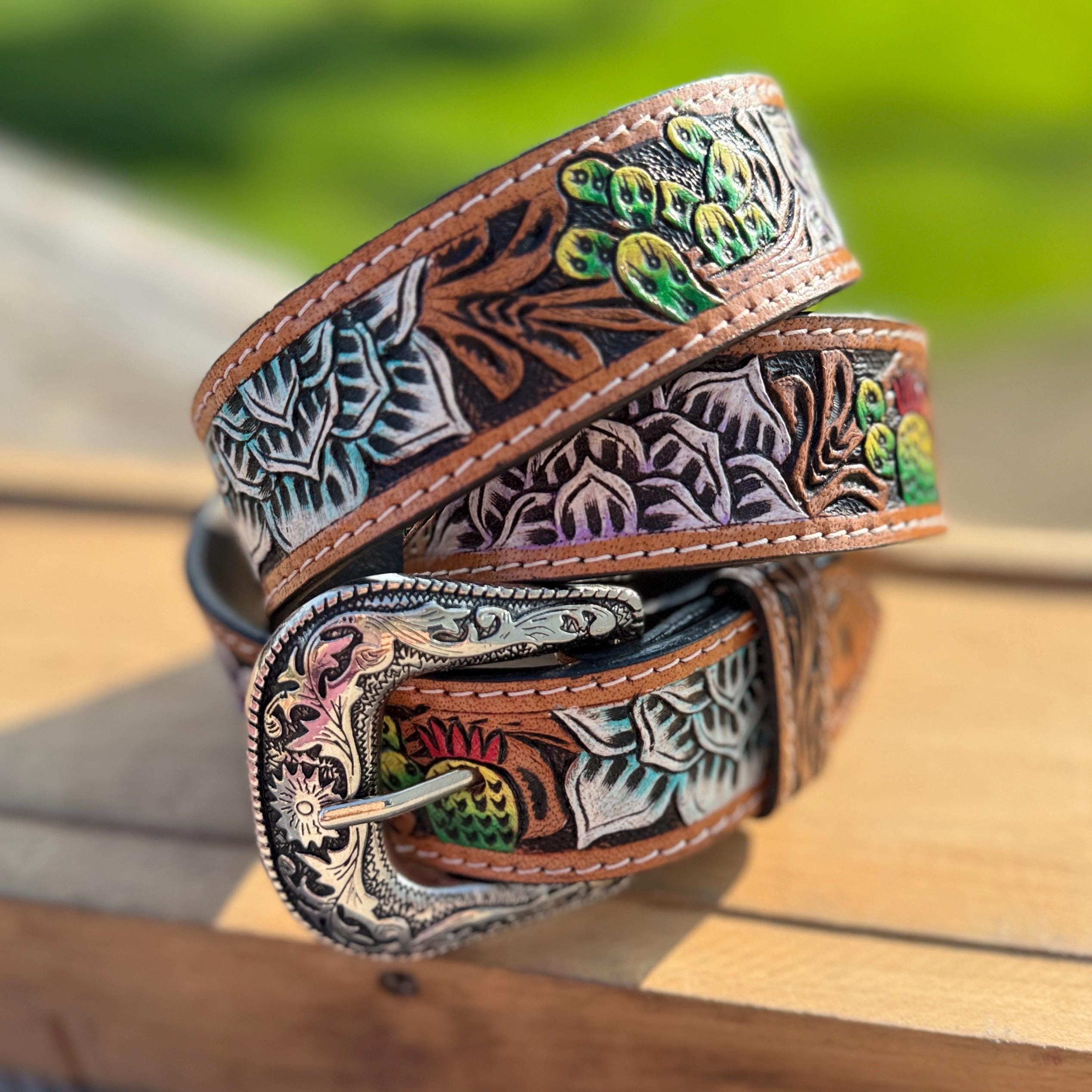 VINTAGE Belt Hand Tooled Leather “Debbie” Flowers Leaves Western Rodeo Texas VINTAGE Belt Hand Tooled Leather “Debbie” Flowers Leaves  main image 3