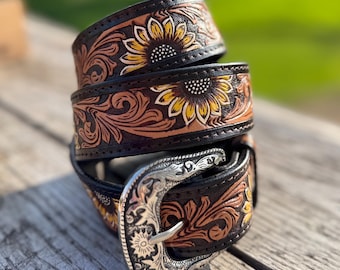Genuine Leather Western Belt with dark tooled Sunflower details by Double B Wild Rags