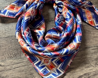 100% Silk Wild Rag Blue and Orange Navajo by Double B Wild Rags