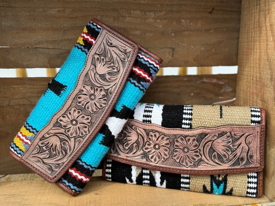 Western Wallet Double Snap Closure Tooled Floral Leather and Woven ...