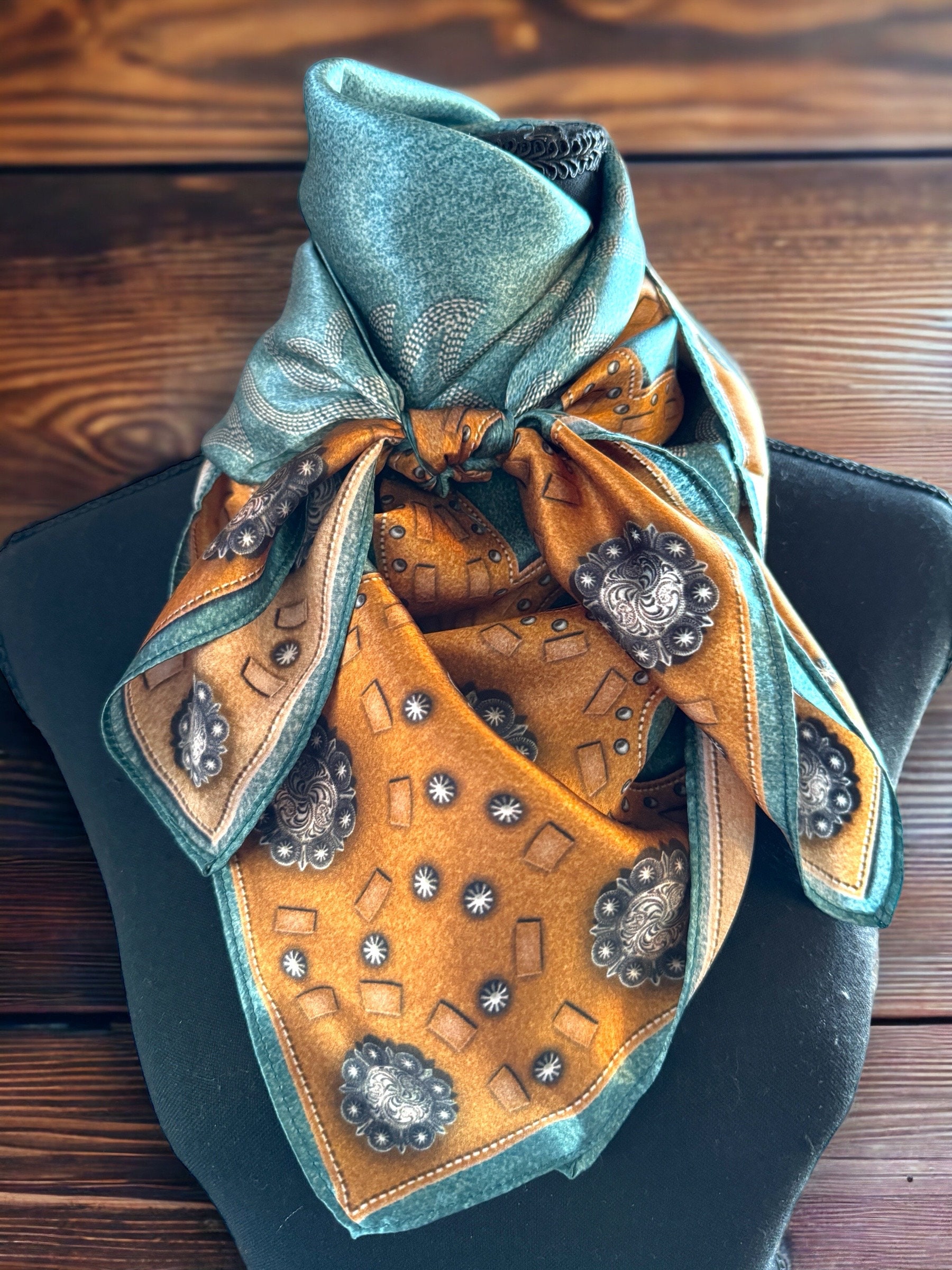 Dixie Blue Rag 100% Silk Wild Rag Dusty Blue Suede Leather and Conchos With Boot ...