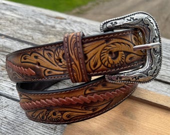 Genuine Leather Mens Western Belt with tooled details