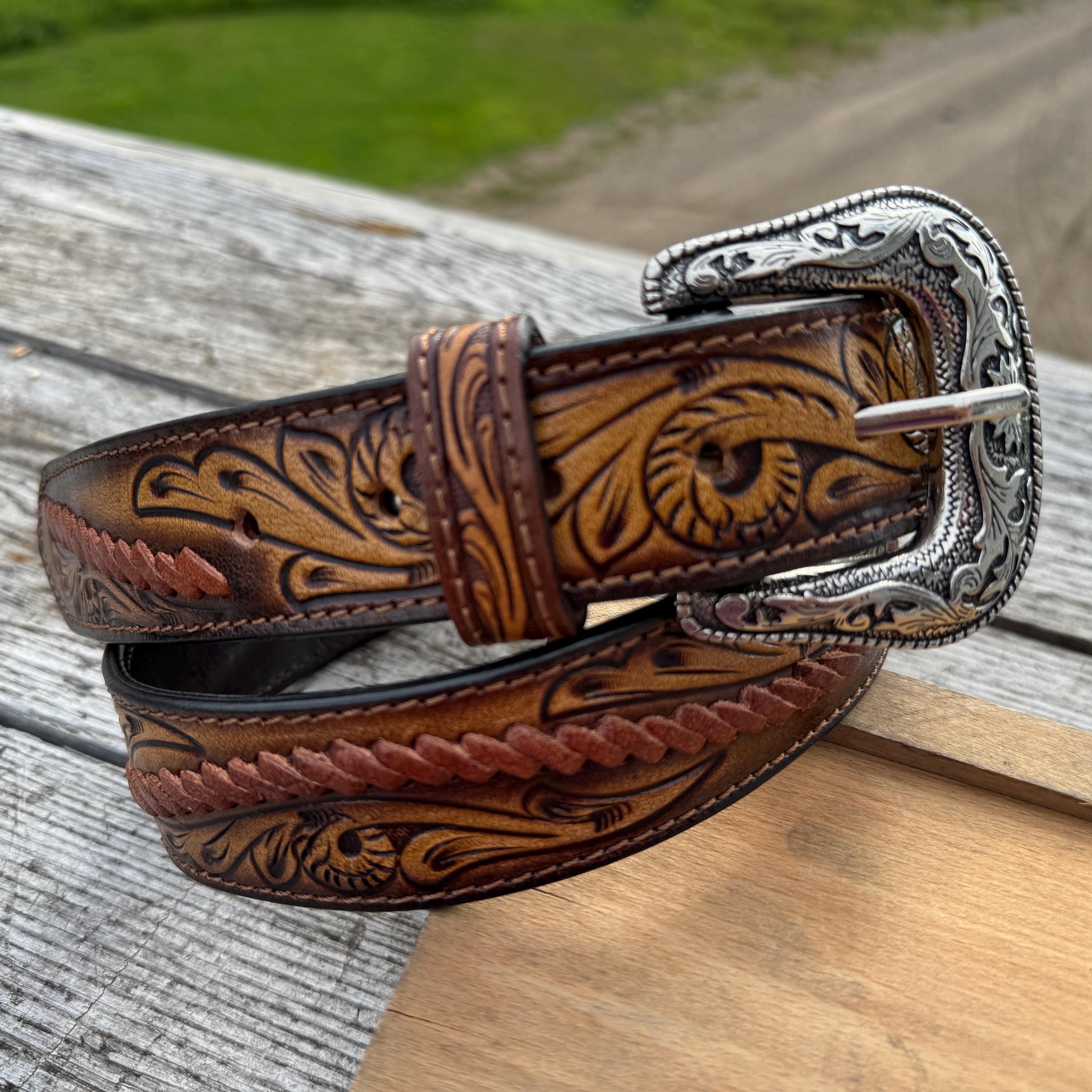 Vintage Floral Embossed & Stitched Brown Leather Belt Made In Mexico Size 34 Floral Embossed Leather Belt - Cellar Leather main image 3
