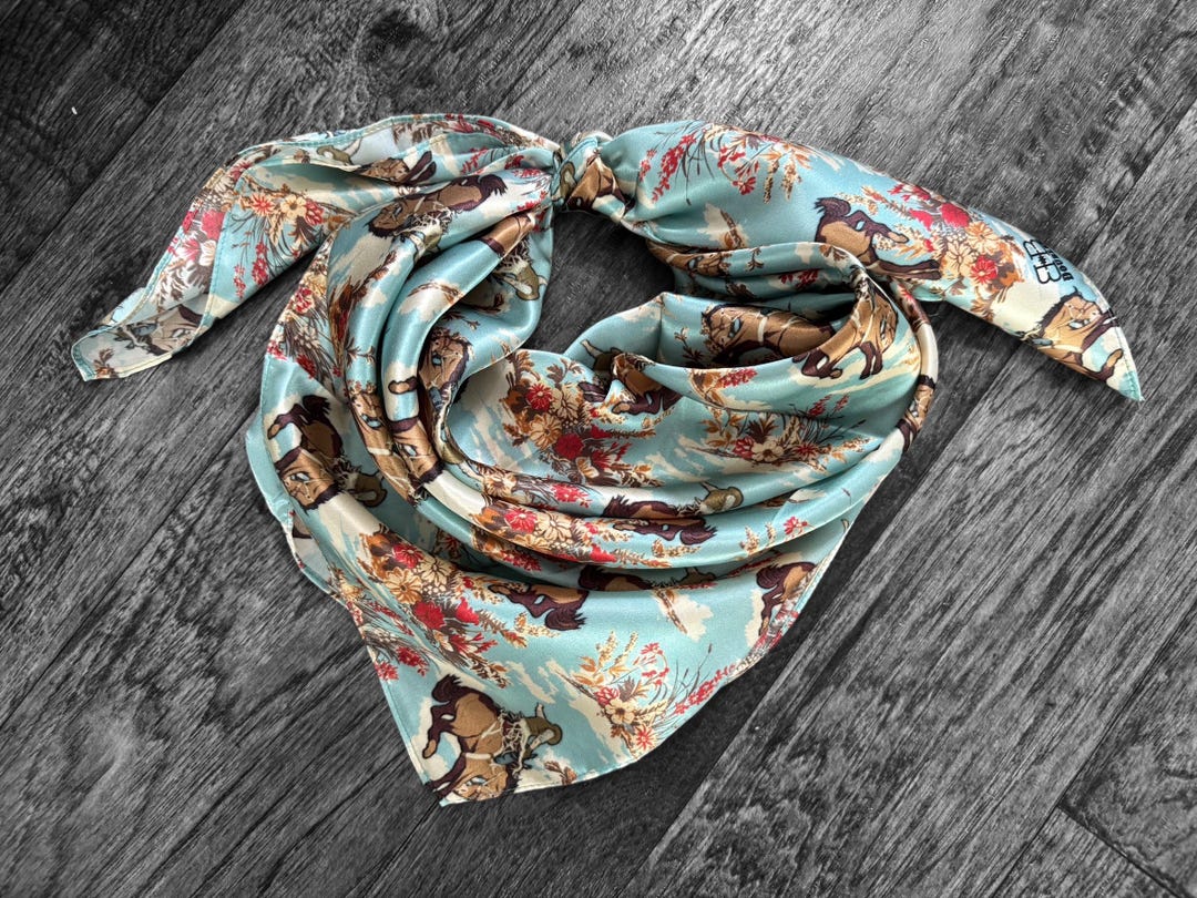 Dixie Blue Rag 100% Silk Wild Rag Dusty Blue Cowboys and Floral by Double B Wild Rags ...