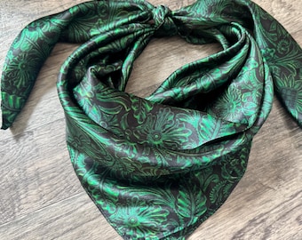 100% Silk Wild Rag Deep Forest Green Tooled Leather by Double B Wild Rags