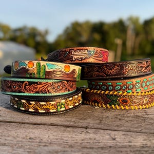 Western Genuine Leather dog collar or leash tooled details of sunflower daisy cactus floral turquoise feather by Double B Wild Rags
