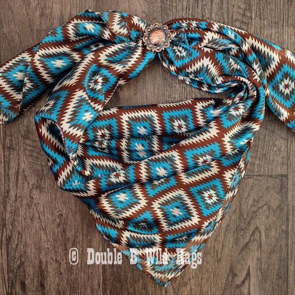 WILD RAG AZTEC 918 Boho Brown and Turquoise Western Cowboy Neck Scarf Bandana by Double B Wild Rags