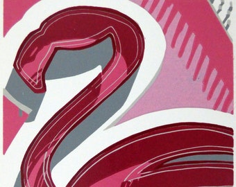Flamingo - Las Vegas - Original 8 x 6" Reduktion Linolschnitt - Limited Edition - Neon