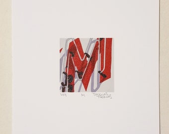 M - Linograbado de reducción de 3x3" - Obra de arte original - YMCA Pittsburgh