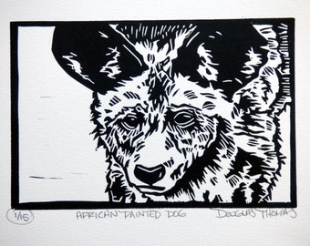 African Painted Dog Original Linocut Print - Printmaking - Endangered